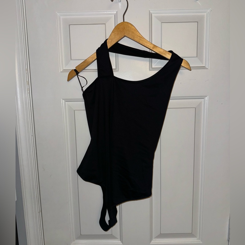 Black asymmetrical neck line body suit